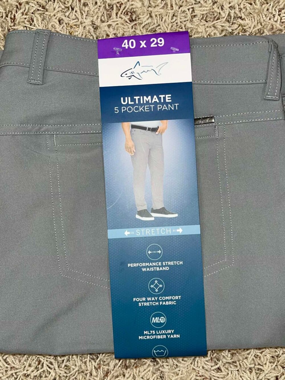 Greg Norman Men's 5-Pocket Chino Pants Gray, Size 40x29 (New)